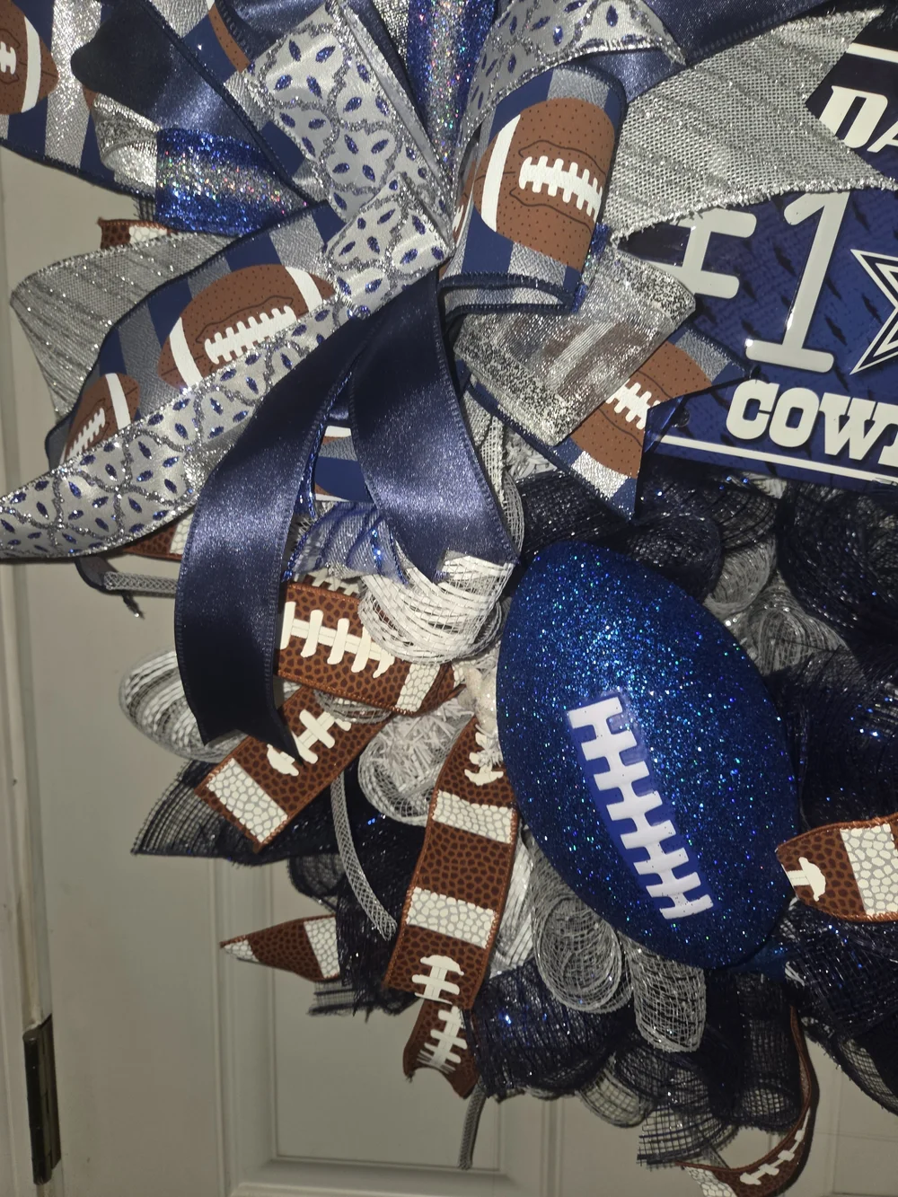 NFL Dallas Cowboys Navy Blue, Silver & Brown Football Fan Wreath